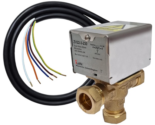 3 Port 22mm Mid Position Motorised Valve 230v